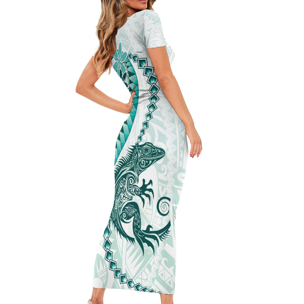 Teal Maori Tuatara Short Sleeve Bodycon Dress Luxury Pastel Pattern