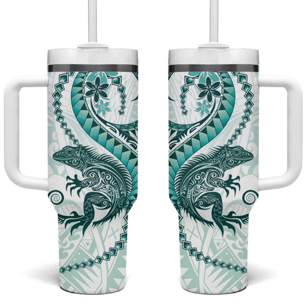 Teal Maori Tuatara Tumbler With Handle Luxury Pastel Pattern LT01 One Size: 40 oz Teal - Polynesian Pride