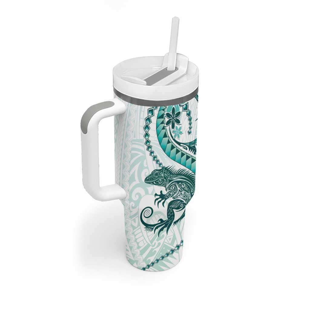 Teal Maori Tuatara Tumbler With Handle Luxury Pastel Pattern LT01 - Polynesian Pride
