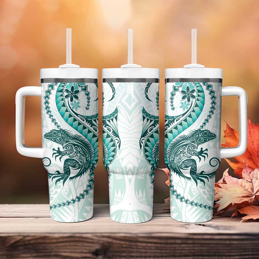 Teal Maori Tuatara Tumbler With Handle Luxury Pastel Pattern LT01 - Polynesian Pride