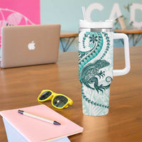 Teal Maori Tuatara Tumbler With Handle Luxury Pastel Pattern LT01 - Polynesian Pride
