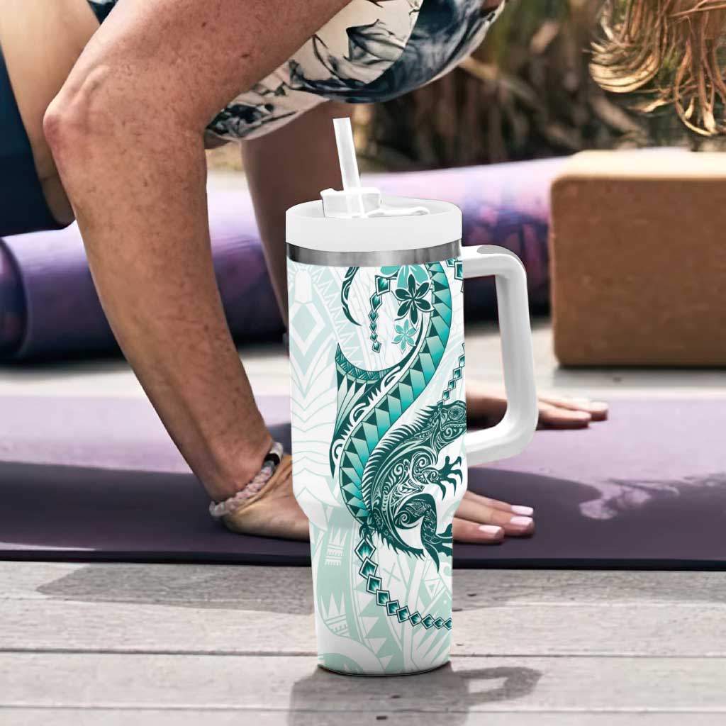 Teal Maori Tuatara Tumbler With Handle Luxury Pastel Pattern LT01 - Polynesian Pride