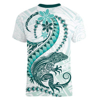 Teal Maori Tuatara Women V-Neck T-Shirt Luxury Pastel Pattern