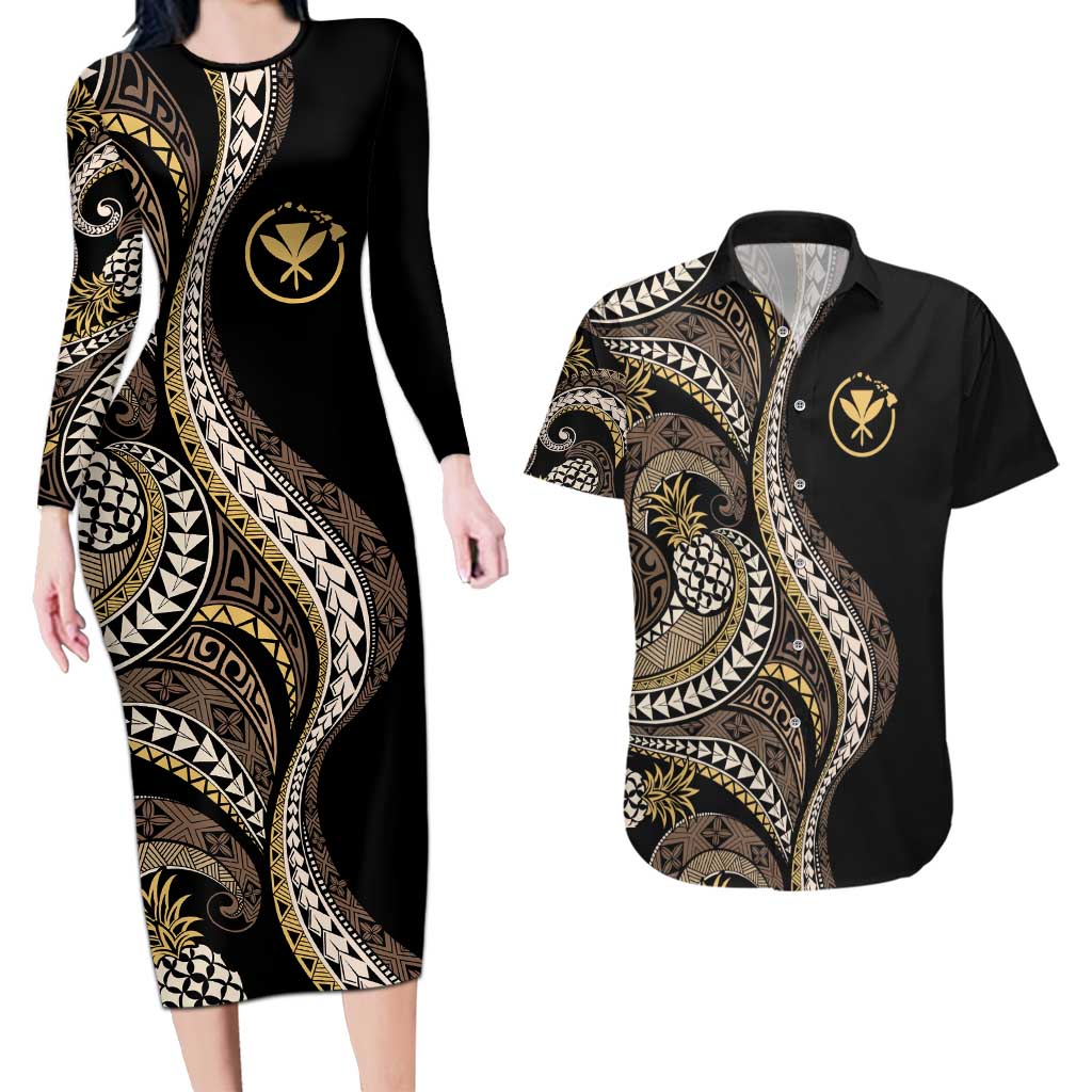 Hawaii Pineapple Brown Tribal Pattern Couples Matching Long Sleeve Bodycon Dress and Hawaiian Shirt - Polynesian Pride
