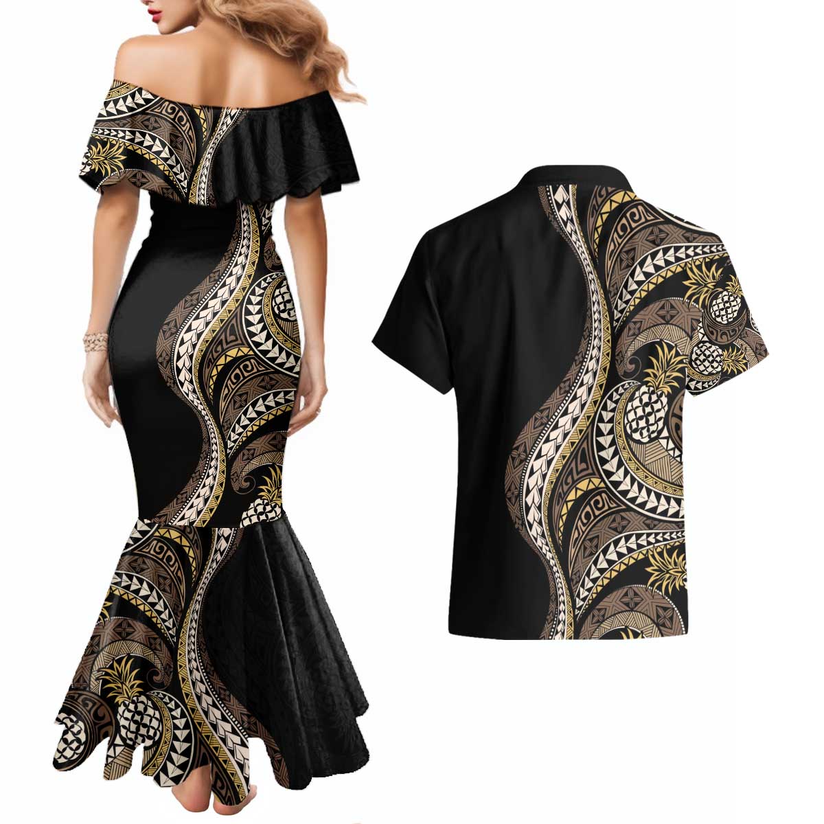 Hawaii Pineapple Brown Tribal Pattern Couples Matching Mermaid Dress and Hawaiian Shirt - Polynesian Pride