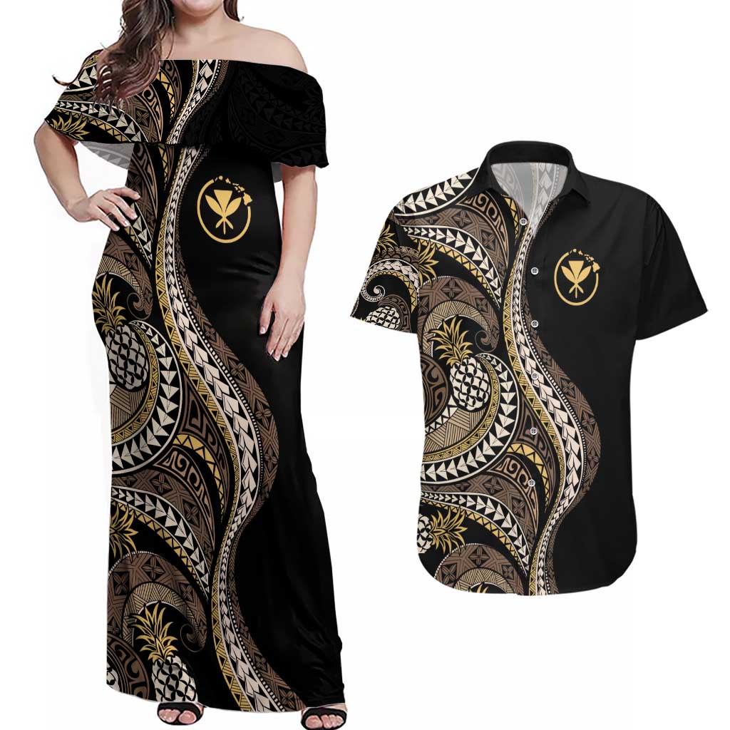 Hawaii Pineapple Brown Tribal Pattern Couples Matching Off Shoulder Maxi Dress and Hawaiian Shirt - Polynesian Pride