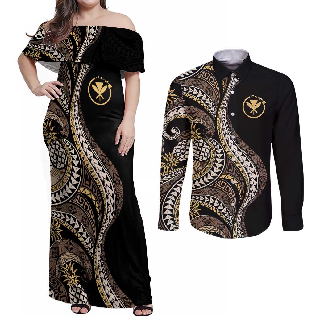 Hawaii Pineapple Brown Tribal Pattern Couples Matching Off Shoulder Maxi Dress and Long Sleeve Button Shirt - Polynesian Pride
