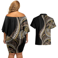 Hawaii Pineapple Brown Tribal Pattern Couples Matching Off Shoulder Short Dress and Hawaiian Shirt - Polynesian Pride
