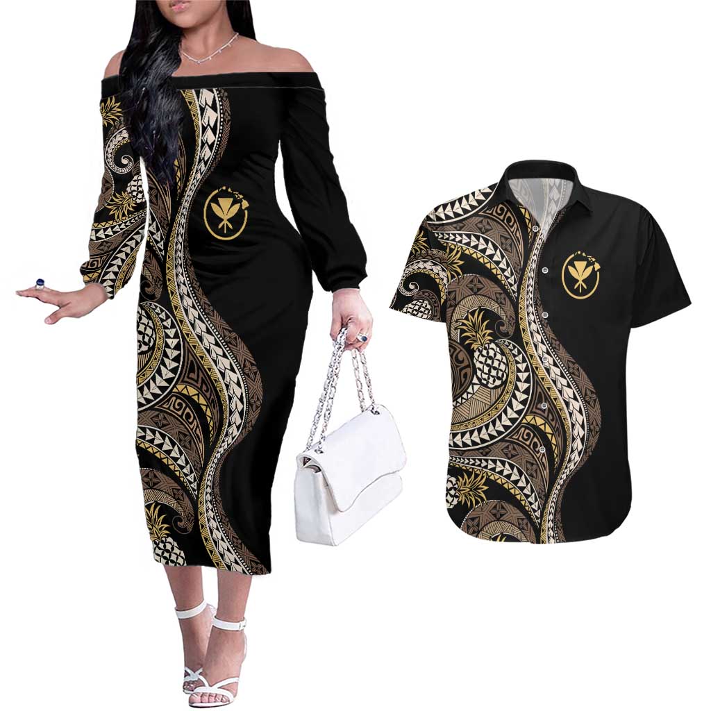Hawaii Pineapple Brown Tribal Pattern Couples Matching Off The Shoulder Long Sleeve Dress and Hawaiian Shirt - Polynesian Pride
