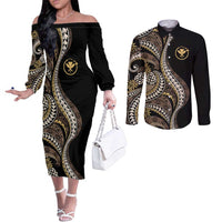 Hawaii Pineapple Brown Tribal Pattern Couples Matching Off The Shoulder Long Sleeve Dress and Long Sleeve Button Shirt - Polynesian Pride