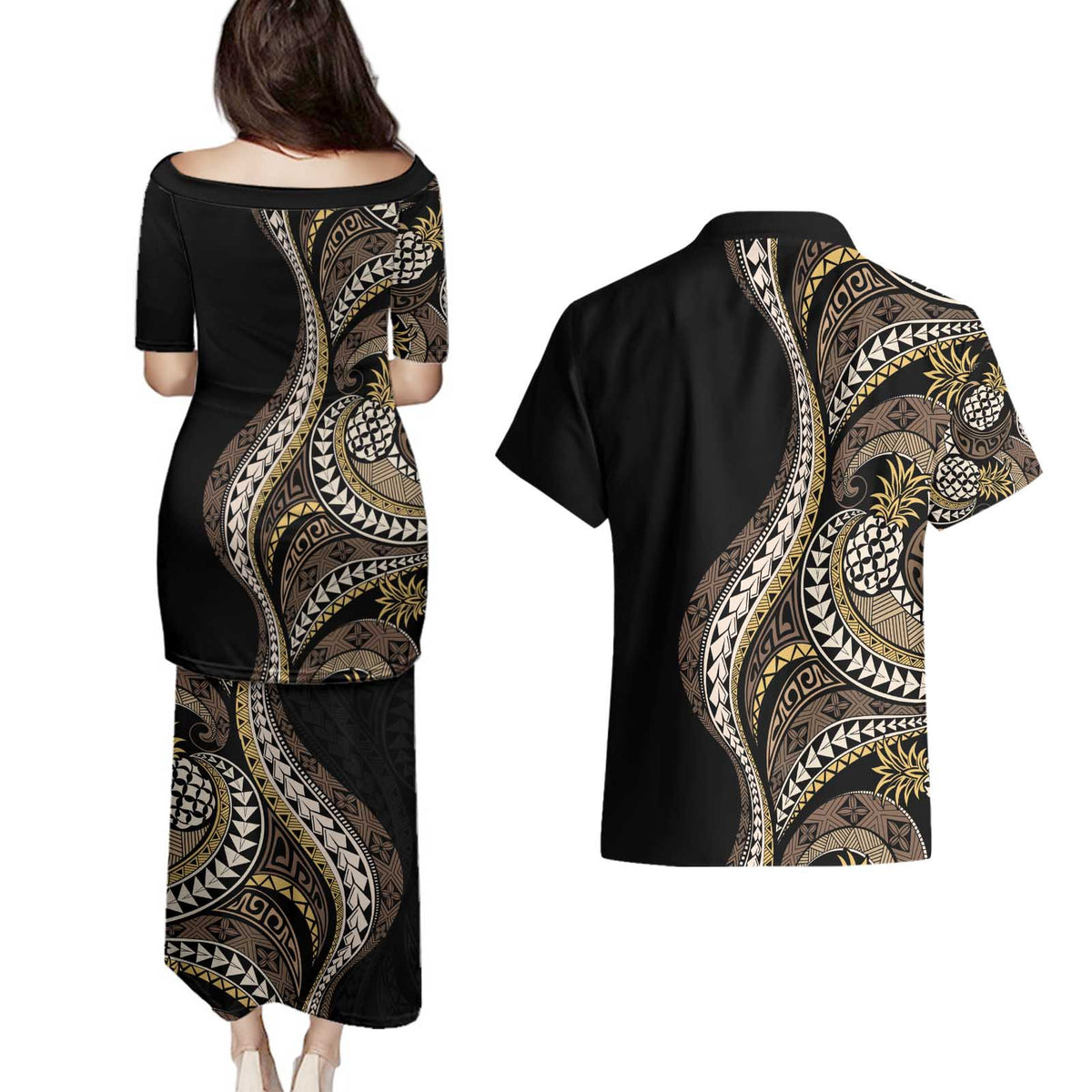 Hawaii Pineapple Brown Tribal Pattern Couples Matching Puletasi and Hawaiian Shirt LT01 - Polynesian Pride