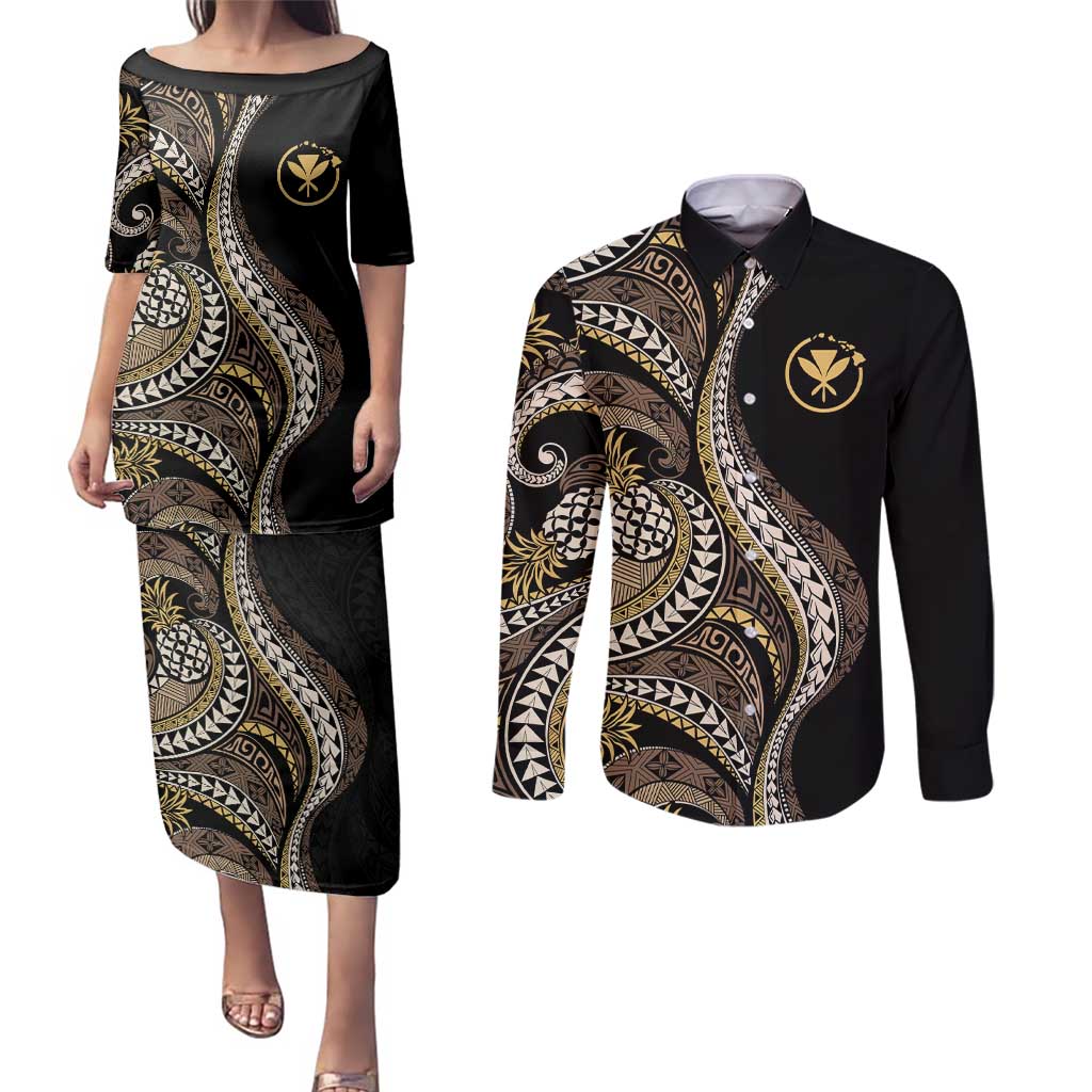 Hawaii Pineapple Brown Tribal Pattern Couples Matching Puletasi and Long Sleeve Button Shirt LT01 Brown - Polynesian Pride