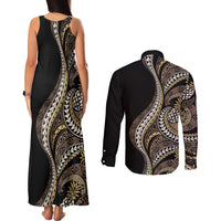Hawaii Pineapple Brown Tribal Pattern Couples Matching Tank Maxi Dress and Long Sleeve Button Shirt - Polynesian Pride