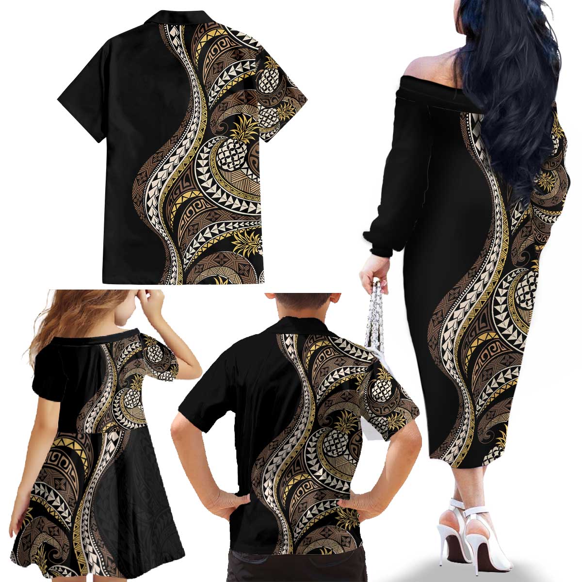Hawaii Pineapple Brown Tribal Pattern Family Matching Off The Shoulder Long Sleeve Dress and Hawaiian Shirt - Polynesian Pride