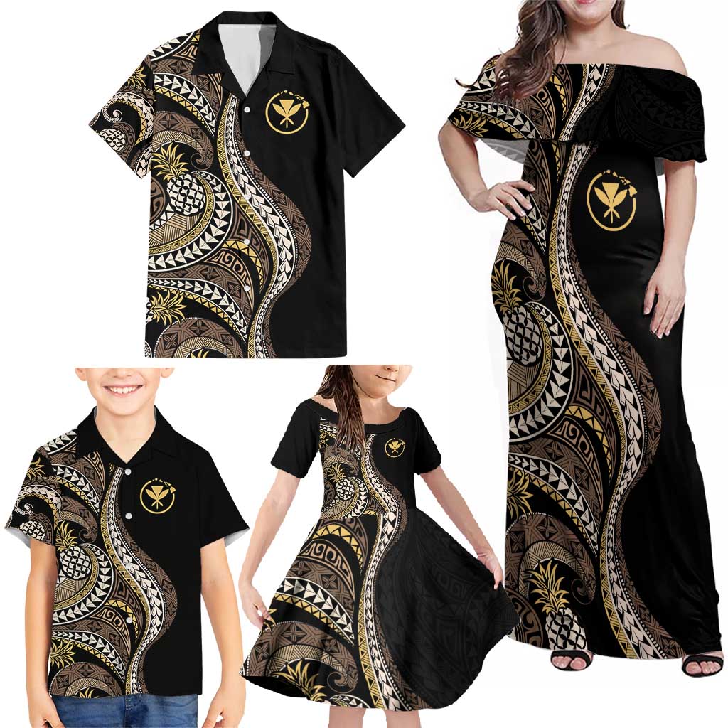 Hawaii Pineapple Brown Tribal Pattern Family Matching Off Shoulder Maxi Dress and Hawaiian Shirt - Polynesian Pride