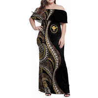 Hawaii Pineapple Brown Tribal Pattern Family Matching Off Shoulder Maxi Dress and Hawaiian Shirt - Polynesian Pride