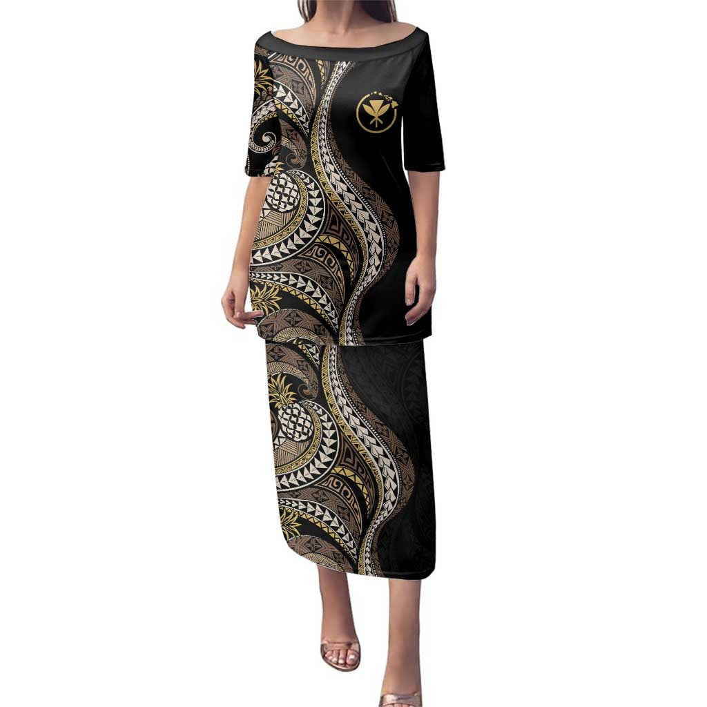 Hawaii Pineapple Brown Tribal Pattern Family Matching Puletasi and Hawaiian Shirt LT01 Mom's Dress Brown - Polynesian Pride