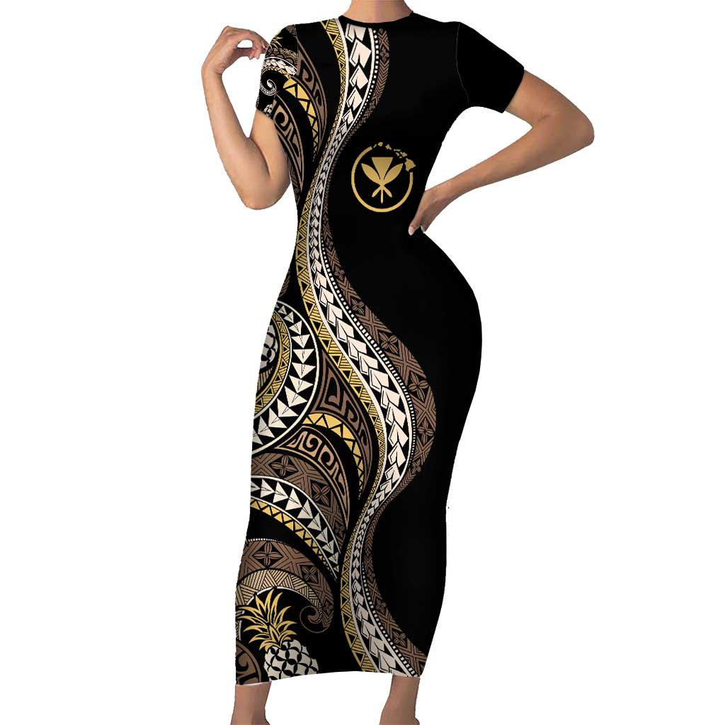 Hawaii Pineapple Brown Tribal Pattern Family Matching Short Sleeve Bodycon Dress and Hawaiian Shirt - Polynesian Pride