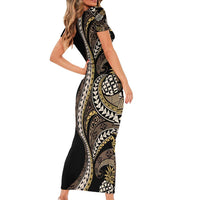 Hawaii Pineapple Brown Tribal Pattern Family Matching Short Sleeve Bodycon Dress and Hawaiian Shirt - Polynesian Pride