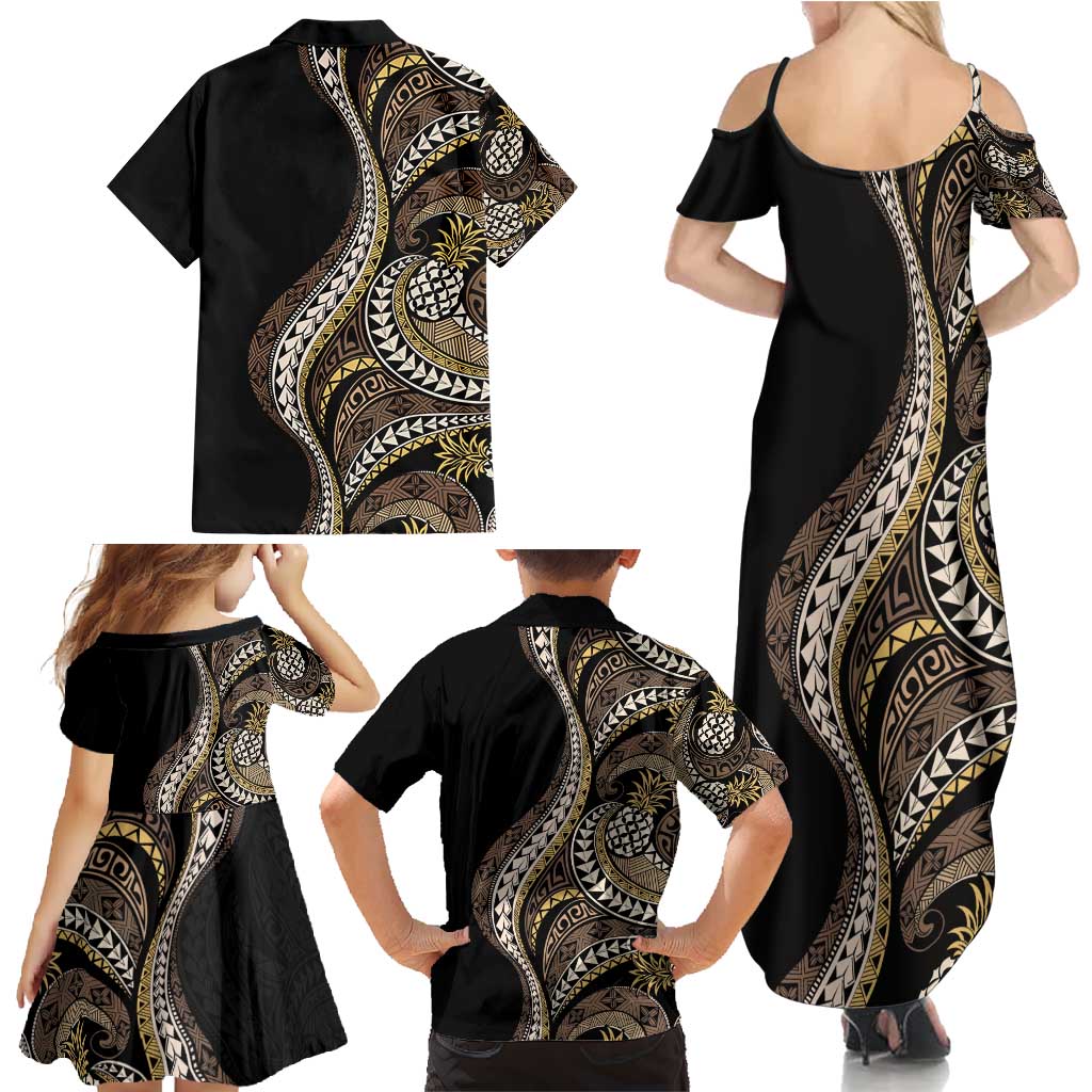 Hawaii Pineapple Brown Tribal Pattern Family Matching Summer Maxi Dress and Hawaiian Shirt - Polynesian Pride