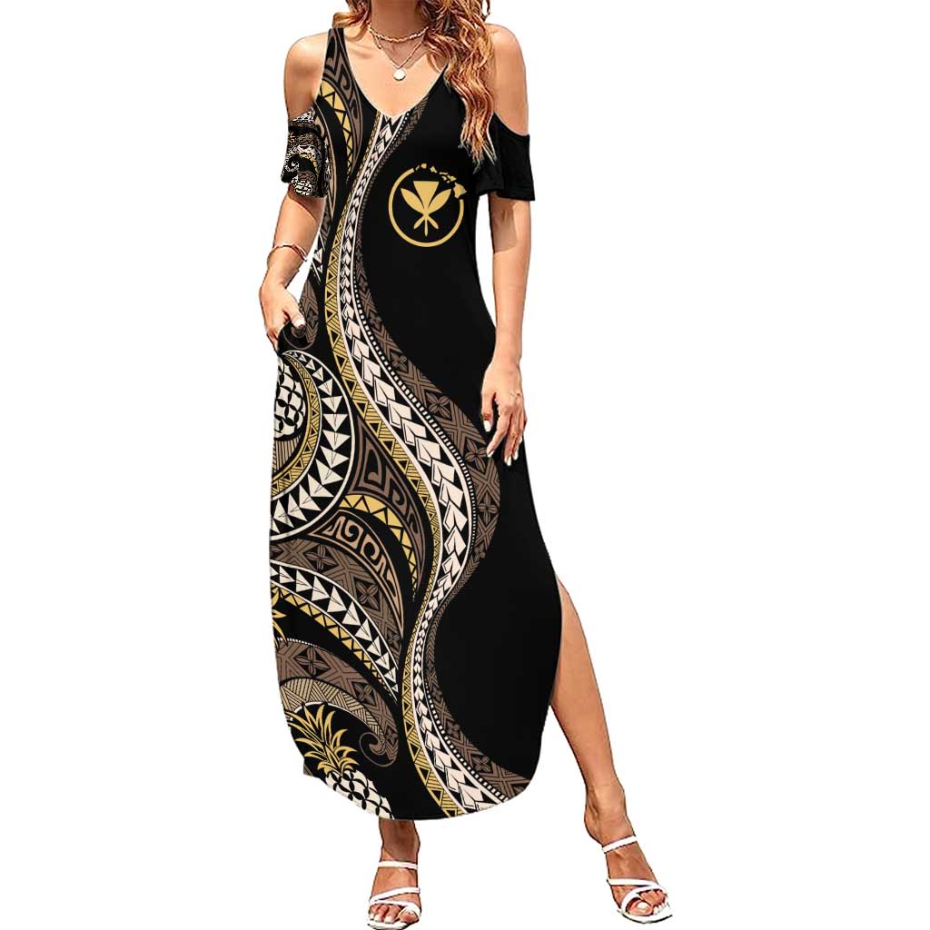 Hawaii Pineapple Brown Tribal Pattern Family Matching Summer Maxi Dress and Hawaiian Shirt - Polynesian Pride