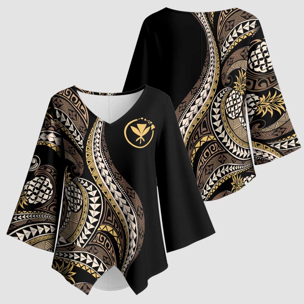 Hawaii Pineapple Brown Tribal Pattern Kimono Sleeve Blouse - Polynesian Pride