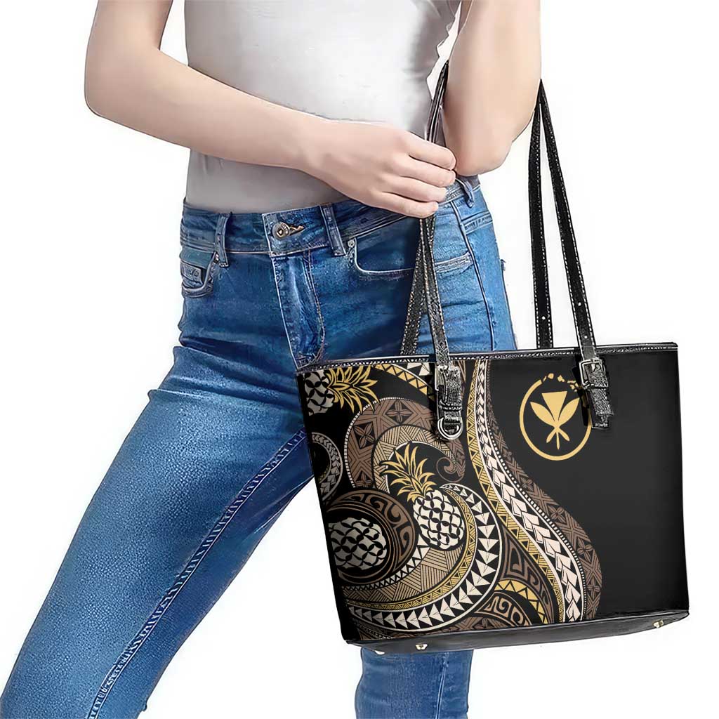 Hawaii Pineapple Brown Tribal Pattern Leather Tote Bag - Polynesian Pride