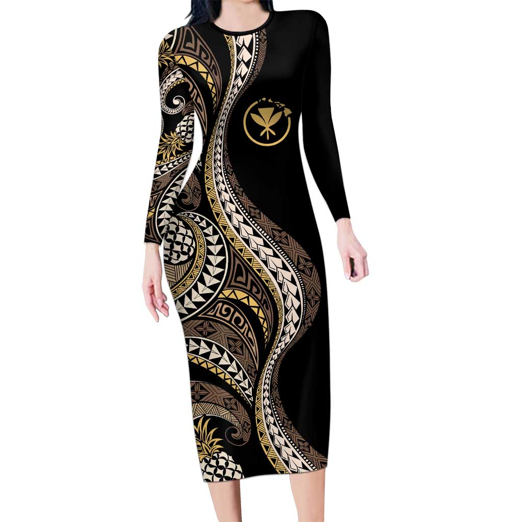 Hawaii Pineapple Brown Tribal Pattern Long Sleeve Bodycon Dress - Polynesian Pride