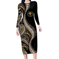 Hawaii Pineapple Brown Tribal Pattern Long Sleeve Bodycon Dress - Polynesian Pride