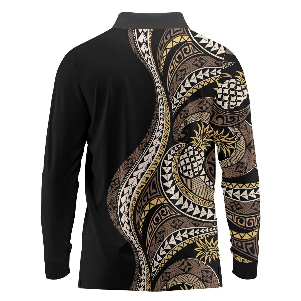 Hawaii Pineapple Brown Tribal Pattern Long Sleeve Polo Shirt LT01 - Polynesian Pride