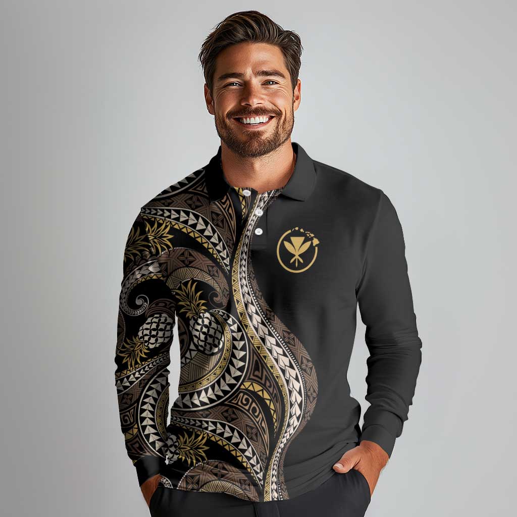 Hawaii Pineapple Brown Tribal Pattern Long Sleeve Polo Shirt LT01 - Polynesian Pride