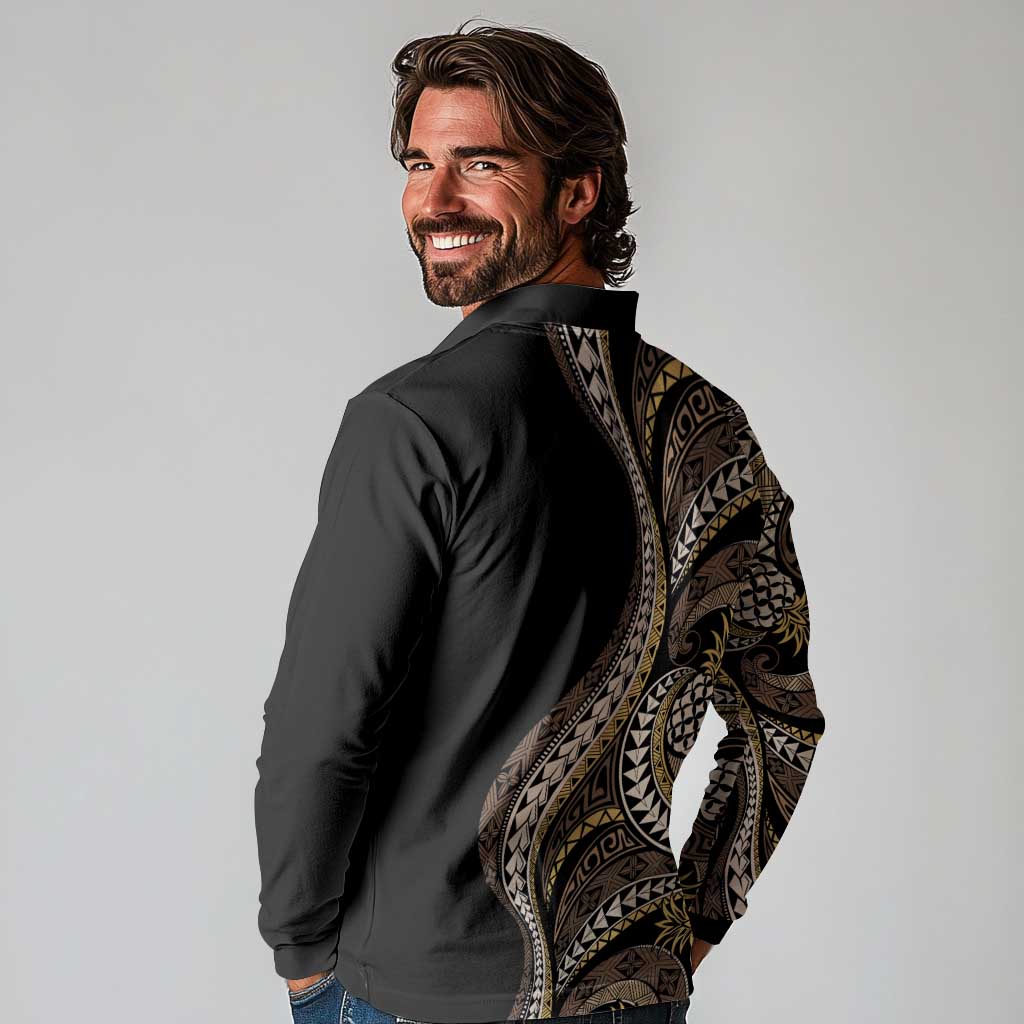 Hawaii Pineapple Brown Tribal Pattern Long Sleeve Polo Shirt LT01 - Polynesian Pride