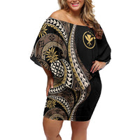 Hawaii Pineapple Brown Tribal Pattern Off Shoulder Short Dress - Polynesian Pride