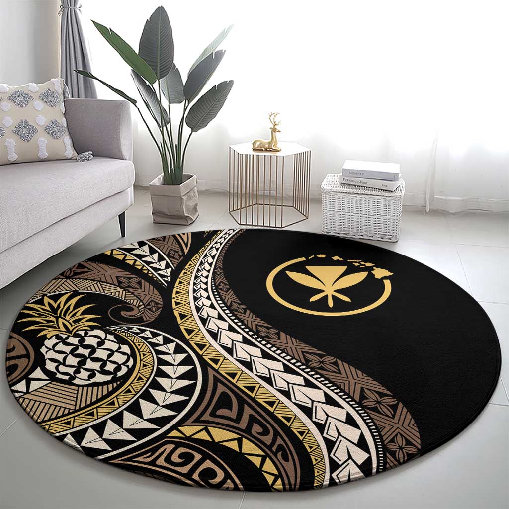 Hawaii Pineapple Brown Tribal Pattern Round Carpet - Polynesian Pride