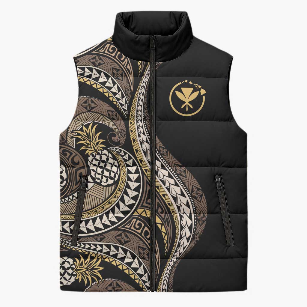 Hawaii Pineapple Brown Tribal Pattern Sleeveless Puffer Jacket LT01 Unisex Brown - Polynesian Pride