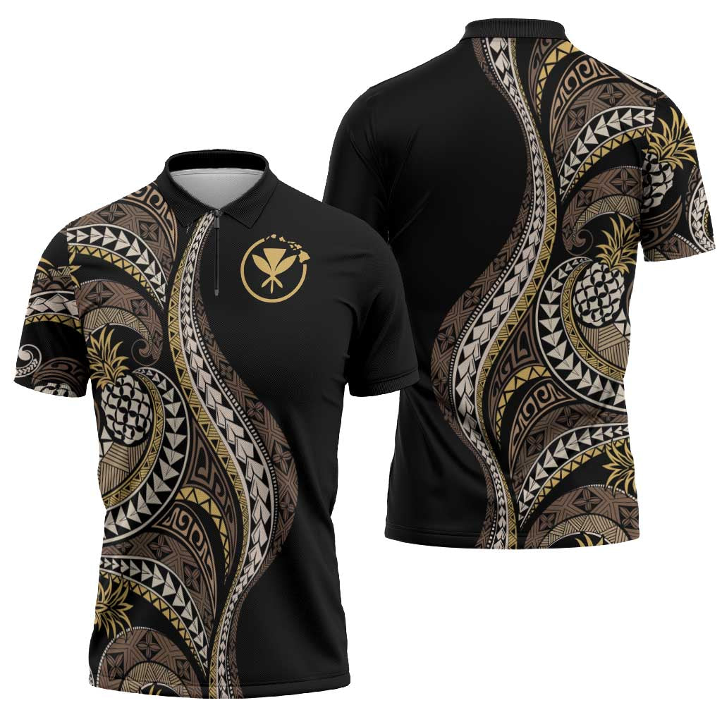 Hawaii Pineapple Brown Tribal Pattern Zipper Polo Shirt LT01 - Polynesian Pride