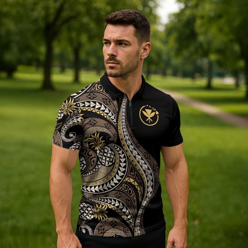 Hawaii Pineapple Brown Tribal Pattern Zipper Polo Shirt LT01 - Polynesian Pride