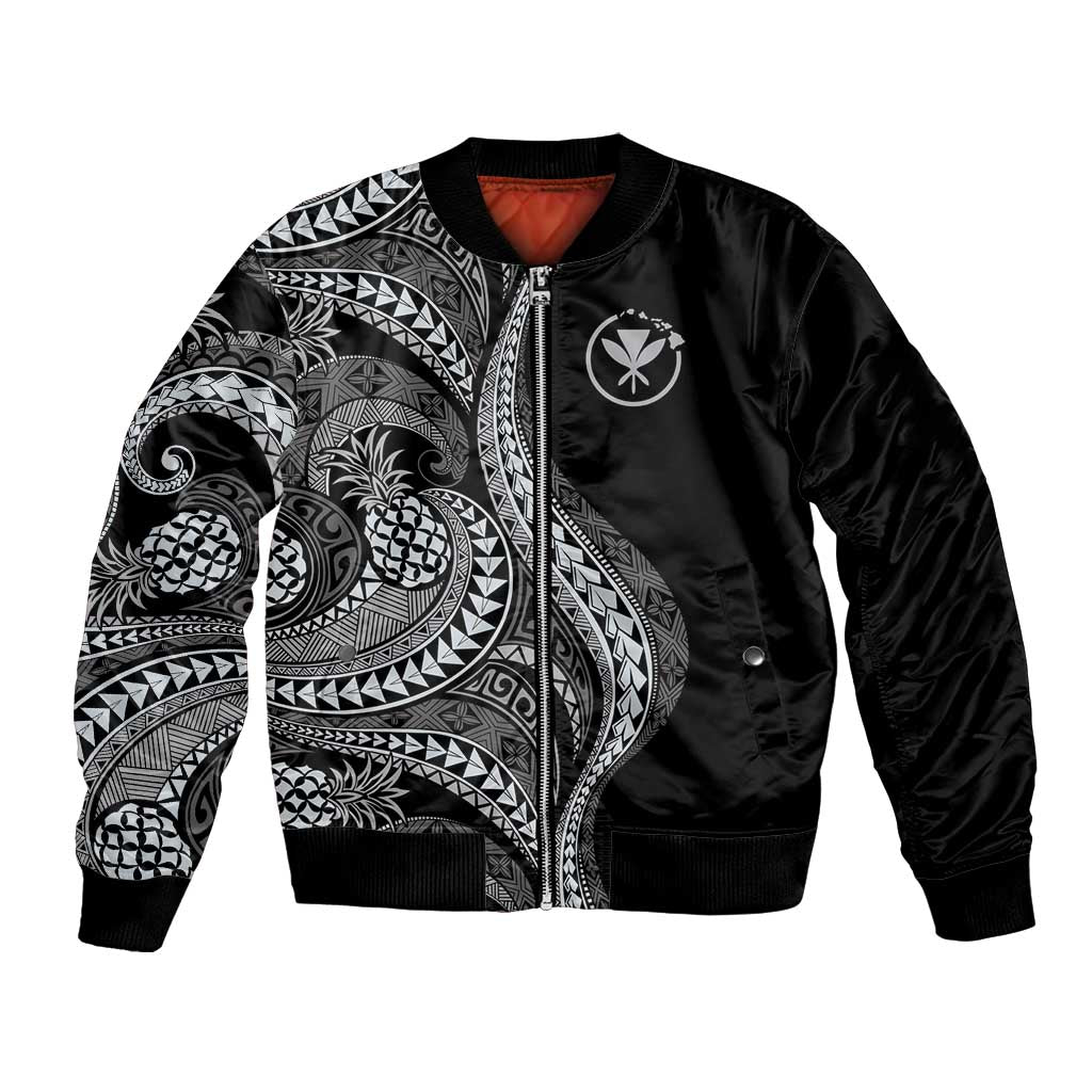 Hawaii Pineapple Gray Scale Tribal Pattern Bomber Jacket - Polynesian Pride