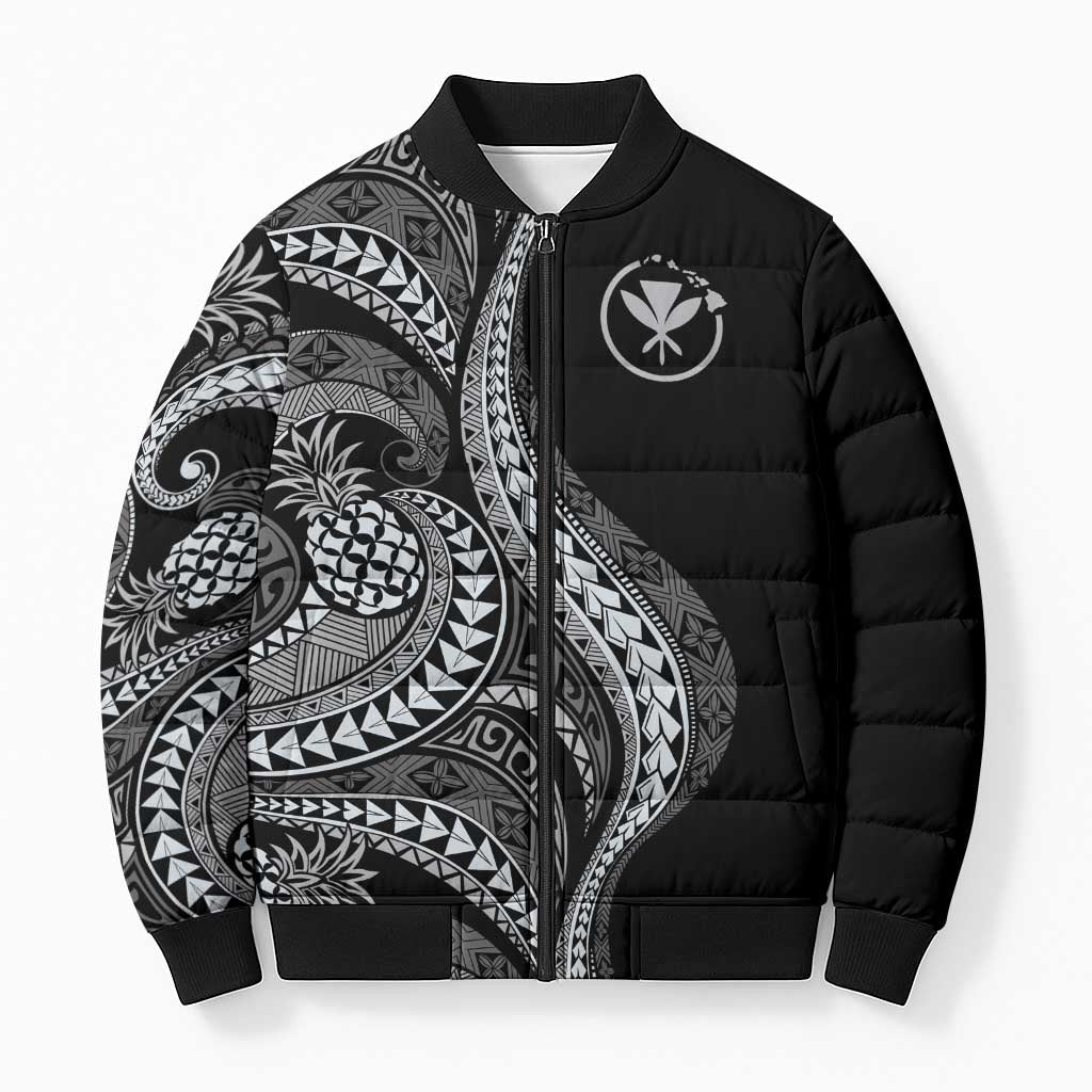 Hawaii Pineapple Gray Scale Tribal Pattern Bomber Puffer Jacket LT01 Unisex Black - Polynesian Pride