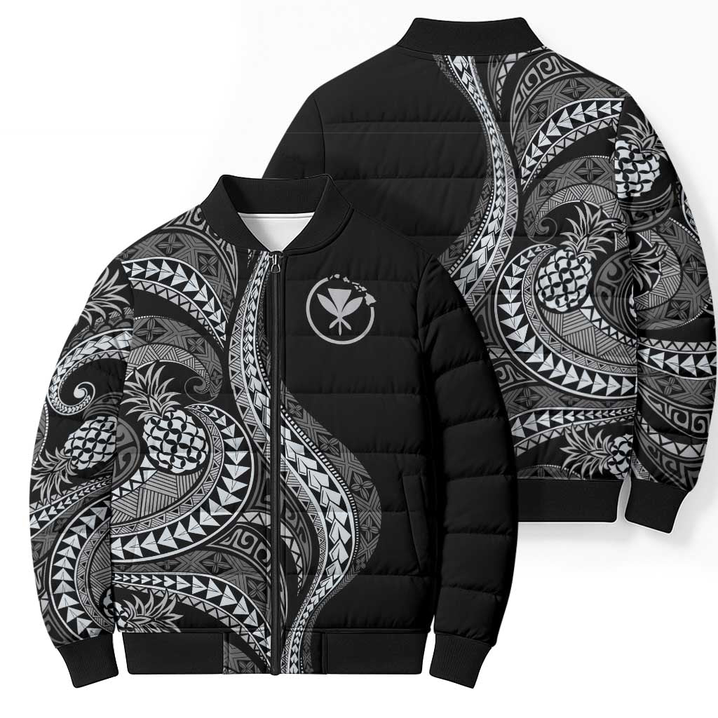 Hawaii Pineapple Gray Scale Tribal Pattern Bomber Puffer Jacket LT01 - Polynesian Pride