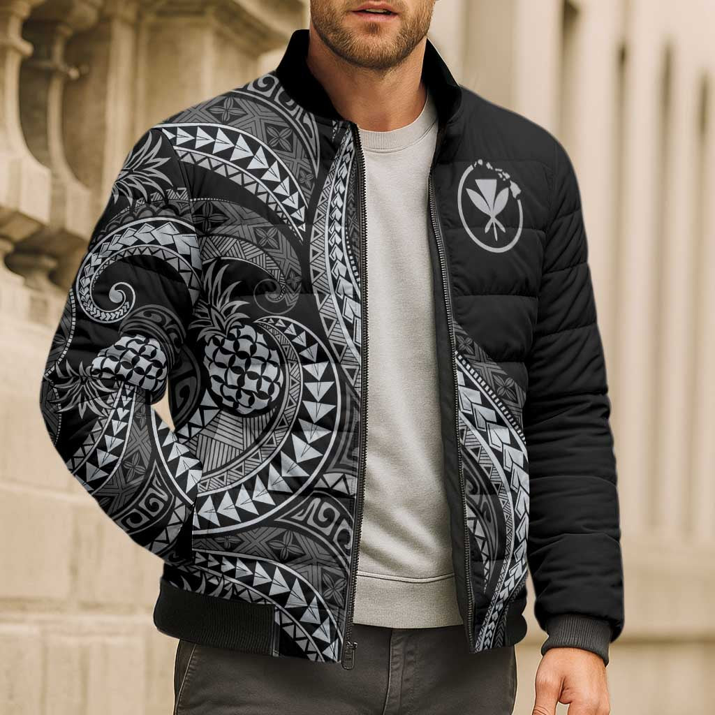 Hawaii Pineapple Gray Scale Tribal Pattern Bomber Puffer Jacket LT01 - Polynesian Pride