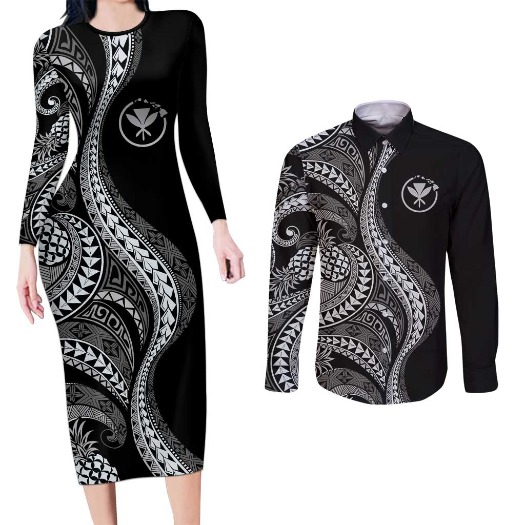 Hawaii Pineapple Gray Scale Tribal Pattern Couples Matching Long Sleeve Bodycon Dress and Long Sleeve Button Shirt - Polynesian Pride