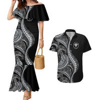 Hawaii Pineapple Gray Scale Tribal Pattern Couples Matching Mermaid Dress and Hawaiian Shirt - Polynesian Pride