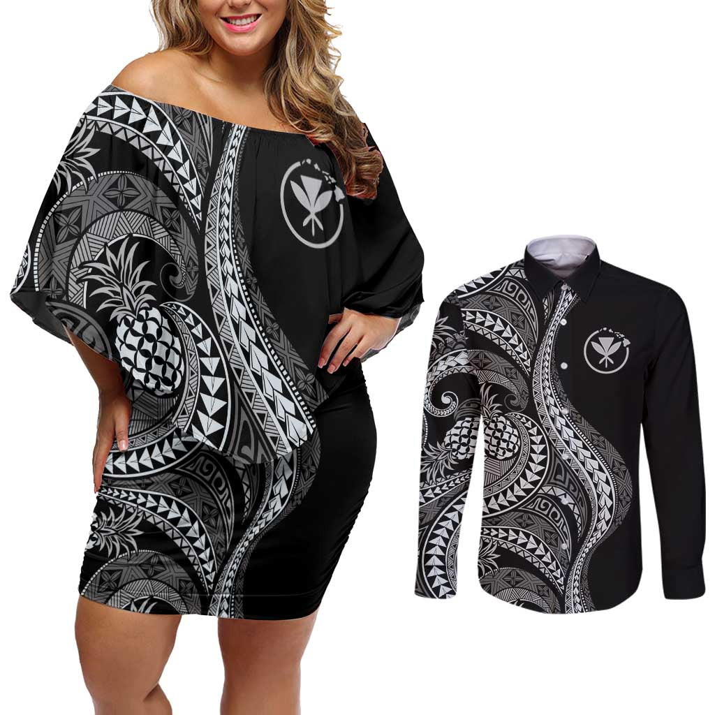 Hawaii Pineapple Gray Scale Tribal Pattern Couples Matching Off Shoulder Short Dress and Long Sleeve Button Shirt - Polynesian Pride