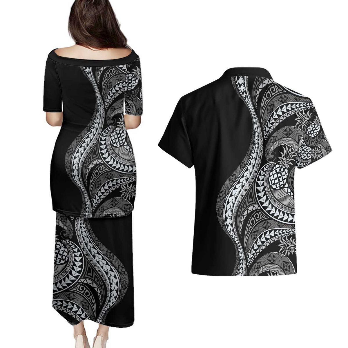Hawaii Pineapple Gray Scale Tribal Pattern Couples Matching Puletasi and Hawaiian Shirt LT01 - Polynesian Pride