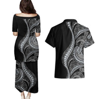 Hawaii Pineapple Gray Scale Tribal Pattern Couples Matching Puletasi and Hawaiian Shirt LT01 - Polynesian Pride