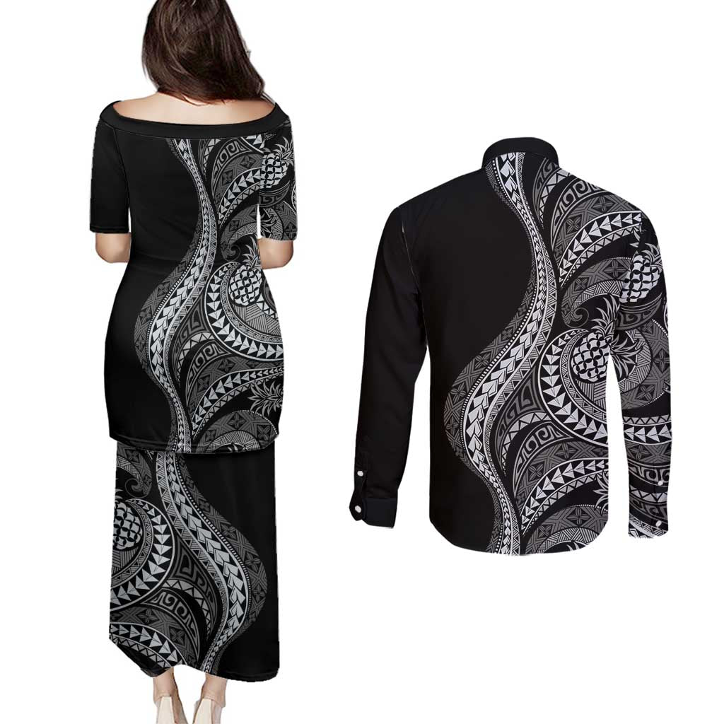 Hawaii Pineapple Gray Scale Tribal Pattern Couples Matching Puletasi and Long Sleeve Button Shirt LT01 - Polynesian Pride