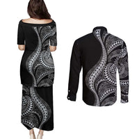 Hawaii Pineapple Gray Scale Tribal Pattern Couples Matching Puletasi and Long Sleeve Button Shirt LT01 - Polynesian Pride