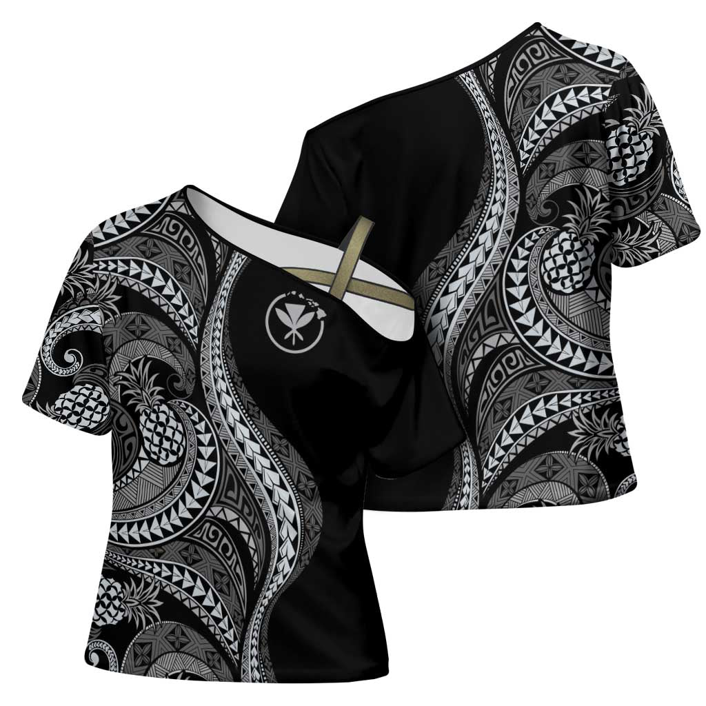 Hawaii Pineapple Gray Scale Tribal Pattern Cross Shoulder Shirt - Polynesian Pride