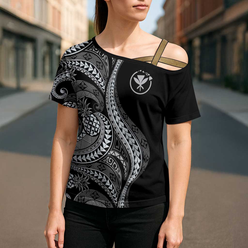 Hawaii Pineapple Gray Scale Tribal Pattern Cross Shoulder Shirt - Polynesian Pride